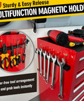 Red tool cabinet with Double Sided Magnetic Tool Holder 12 Inch Magnetic Tool Bar Heavy Duty Wall Mount Strip holding wrenches and pliers.