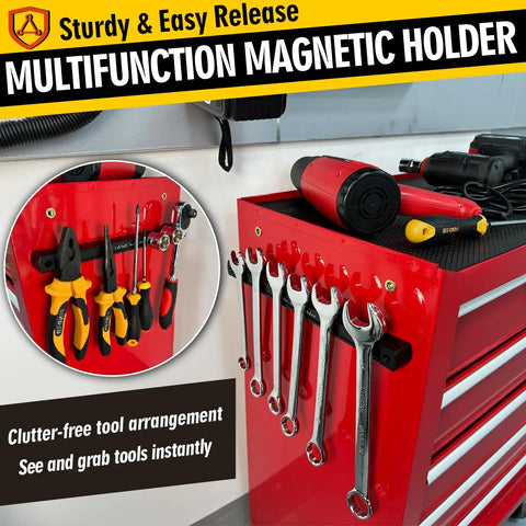 Red tool cabinet with Double Sided Magnetic Tool Holder 12 Inch Magnetic Tool Bar Heavy Duty Wall Mount Strip holding wrenches and pliers.
