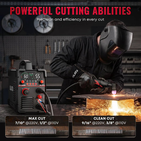 Person using Dual Voltage Plasma Cutter 110V And 220V, 55A Pilot Arc with LED Display and Air Sensor, cutting metal sheet.