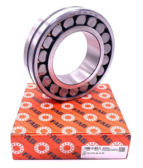 22218 Spherical Roller Bearing 90X160X40 Millimeters on branded packaging showing solid design for industrial applications.
