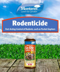 Monterey Go Die Gopher Bait For Pocket Gophers Strychnine Treated Grain Bait bottle on grass background with sky view