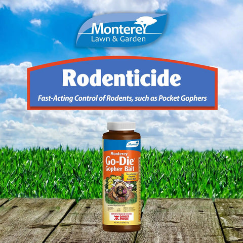 Monterey Go Die Gopher Bait For Pocket Gophers Strychnine Treated Grain Bait bottle on grass background with sky view