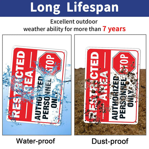 Six Pack Heavy Duty Restricted Area Signs Featuring Bold Authorized Personnel Only Warnings And Do Not Enter Markers Crafted From Tough As Nails Rust Free Aluminum With No Sweat Mounting, showing waterproof and dust-proof features.