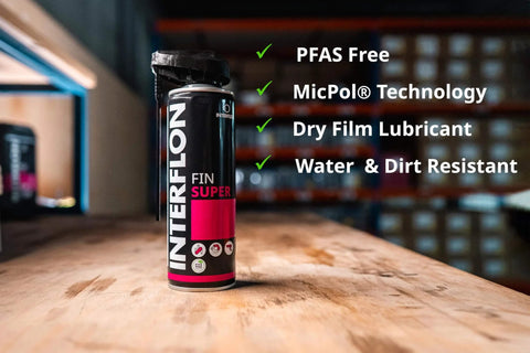Fin Super Industrial Oil Lubricant Spray With Penetrating Dry Film Action, Teflon Free And PFAS Free, 300ml aerosol can on a workbench