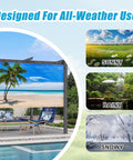 Custom Design Patio and Gazebo Backdrop Screen With UV Resistant PVC Sun Shade for all-weather use, showing sunny, rainy, snowy scenes.