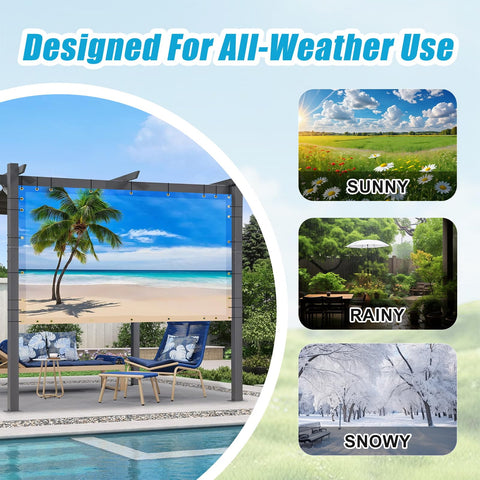 Custom Design Patio and Gazebo Backdrop Screen With UV Resistant PVC Sun Shade for all-weather use, showing sunny, rainy, snowy scenes.