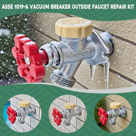 Vacuum Breaker Repair Kit For Anti Siphon Frostproof Faucets and Hose Fittings in outdoor wall installation, close-up.