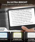 5X Large LED Page Magnifier With Detachable Stand Eye Care Anti Glare Lens Three Color Light Modes For Reading Fine Print