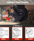 No More Snagging Lines, Retractable Air Compressor Hose Reel With Auto Rewind showing 135-degree positioning in installation steps.