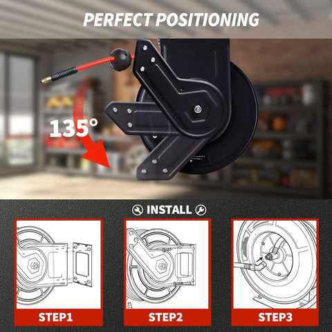 No More Snagging Lines, Retractable Air Compressor Hose Reel With Auto Rewind showing 135-degree positioning in installation steps.