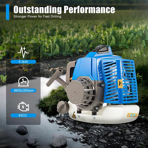 Gas Powered Wheel Mounted Post Hole Digger With 2.2kW 63cc Two Stroke Engine highlighted for performance and features.
