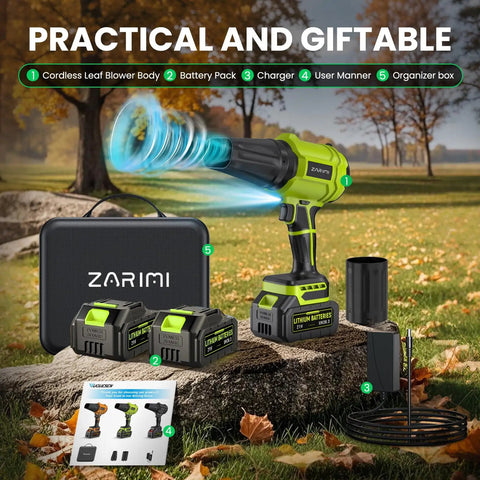Cordless Leaf Blower With Turbo Power 980000 RPM Beast Mode Wind Up To 50 Meters Per Second And 110 MPH, includes batteries and charger displayed outdoors
