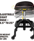 Rolling Stool With Padding And Lumbar Support For Garage Use, Comfortable Shop Seat With 330 Pound Capacity, Adjustable Height From 19.5 To 25 Inches, Four Smooth Rubber Wheel Casters For Easy Movement, Black.