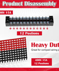 Image of 20 pcs 10 sets terminal block 12 position dual row 15A 600V screw terminal strip with cover and pre-insulated terminals.