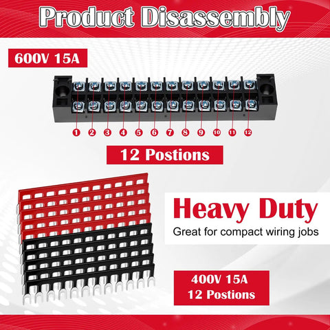 Image of 20 pcs 10 sets terminal block 12 position dual row 15A 600V screw terminal strip with cover and pre-insulated terminals.