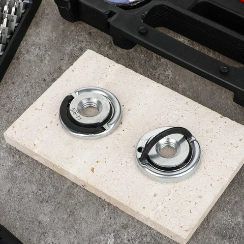 Dead On Tough 2Pcs Angle Grinder Flange Locking Nuts 5/8 Inch 11 Thread on a work surface for tool-free disc swaps.