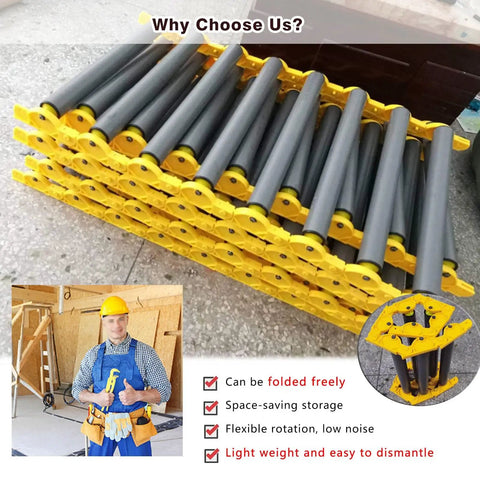Heavy Duty Portable Conveyor Rollers With Hella Sturdy Build Carrying 330 Lb Loads, flexible interlocking shafts stacked.