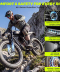 Rider on powerful 1500W fat tire electric bike for adults with 34 mph top speed climbs rocky trail with safety features displayed.