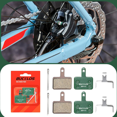 All Weather Bike Disc Brake Pads For Mountain Road And Electric Bikes With Resin Semi Metal Multi Metal Sintered Copper Based And Ceramic Options, Tough Long Lasting Braking, Wide Compatibility With TRP Tektro Shimano And Ridstar Q20 Models installed on wheel; packaging, pads, and components visible