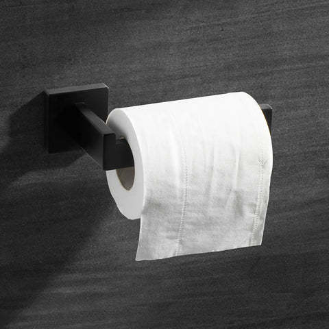 Matte Black Wall Mounted Toilet Paper Holder Premium 304 Stainless Steel Square Toilet Roll Holder Rustproof Rotate Proof Bracket No Wobble Heavy Duty Bathroom Accessory against dark wall