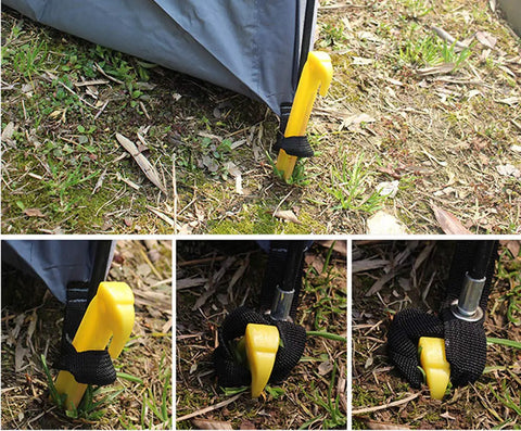 Nine Inch Plastic Tent Stakes Pack Of Twelve Heavy Duty Tent Pegs Made From Durable ABS Plastic securing a tent on grass