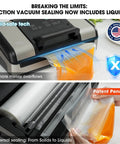 12 Inch Vacuum Sealer For Liquids And Moist Foods With Smart Heat Sealing To Prevent Bag Melting, Built In Cutter And Roll Storage, Fits 2x20 Or 1x50 Rolls, Mason Jar Kit, Sous Vide Ready, Dual Pump Liquid Vacuum Mode showing liquid-safe technology