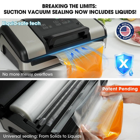 12 Inch Vacuum Sealer For Liquids And Moist Foods With Smart Heat Sealing To Prevent Bag Melting, Built In Cutter And Roll Storage, Fits 2x20 Or 1x50 Rolls, Mason Jar Kit, Sous Vide Ready, Dual Pump Liquid Vacuum Mode showing liquid-safe technology