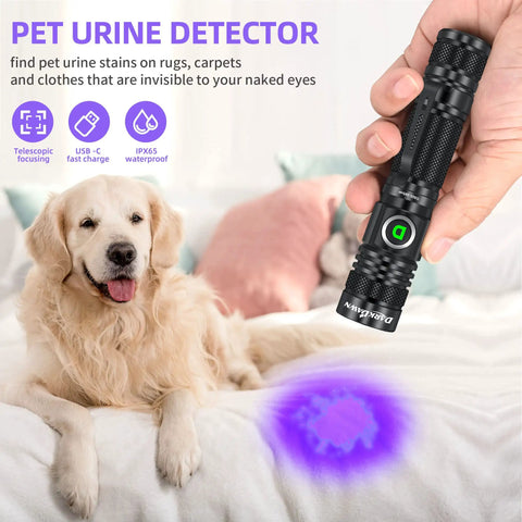 395Nm UV Light Flashlight Powerful 10W USB Rechargeable Portable Blacklight in use detecting cat urine on carpet.