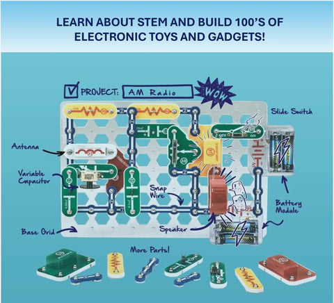 Electronics Exploration Kit With Over 300 Projects And Full Color Manual For Kids 8 Plus A Hands On STEM Toy To Learn Circuit Building And Real World Tech Skills In A Safe Kid Friendly Box, AM radio project board