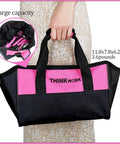 Pink Tool Set For Women 122 Piece With 3.6V Rotatable Electric Screwdriver Easy Carry Round Pouch displayed on floral dress, large capacity bag