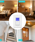 Collage showing 7 Day Programmable In Wall Light Timer Switch With Blue Backlight used in bedroom, living room, hallway, porch