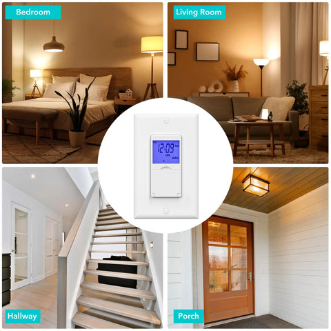 Collage showing 7 Day Programmable In Wall Light Timer Switch With Blue Backlight used in bedroom, living room, hallway, porch