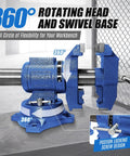 Heavy Duty 4 Inch Bench Vise With 360 Degree Swivel Base And Anvil, blue finish, highlighting rotating head and locking screw design