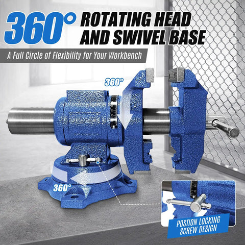 Heavy Duty 4 Inch Bench Vise With 360 Degree Swivel Base And Anvil, blue finish, highlighting rotating head and locking screw design