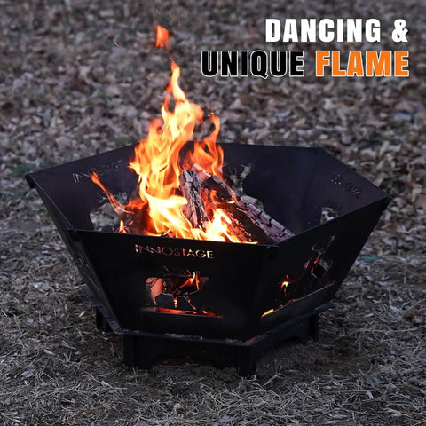 Collapsible 23 Inch Wood Burning Fire Pit For Camping And Patio with dancing flame outdoors