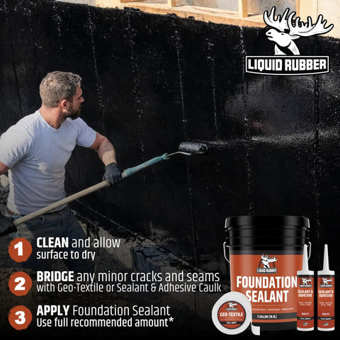 Man applying Basement And Foundation Waterproof Sealer For Indoor And Outdoor Use Flexible Concrete Crack Filler in Black