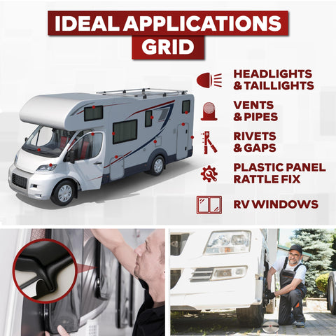 Collage showing RV uses for Butyl Sealing Tape One Eighth Inch By Three Fourth Inch By Thirty Foot Black EDPM Butyl Putty Sealant