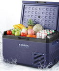 42Qt 12V Car Refrigerator Portable Electric Cooler With Smart App Control And Waterproof Build, filled with fruits and beverages.