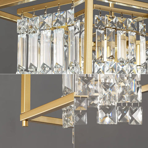 Close-up of gold square frame and black crystal accents of Modern Foyer Chandelier With Black Crystal And Square Metal Frame.