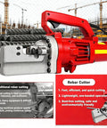 Heavy Duty Electric Hydraulic Rebar Cutter For Construction Sites, portable design with a red handle for efficient bar cutting.