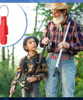 Red plastic heavy-tension snap-release clip with key ring; inset close-up, fishing gear for trolling planer boards.