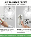 Two Pack Detached Motion Sensor Light Bulbs With External Sensor 3000K Soft Warm White 12W E26 LED 1200 Lumen reset guide