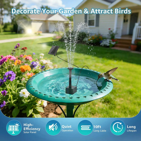 Solar Bird Bath Fountain Pump 8.5W Outdoor Solar Water Pump With 7 Spray Modes And 5 Ft Tubing in garden setting with hummingbird.
