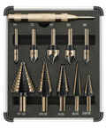 Five Piece Step Drill Bit Set For Metal With Titanium Coating Includes Five Step Bits Ranging From Small To Large Plus Five Countersink Bits Center Punch And Aluminum Case Replacing Fifty Traditional Drill Bits For DIY Projects And Home Repairs in aluminum case