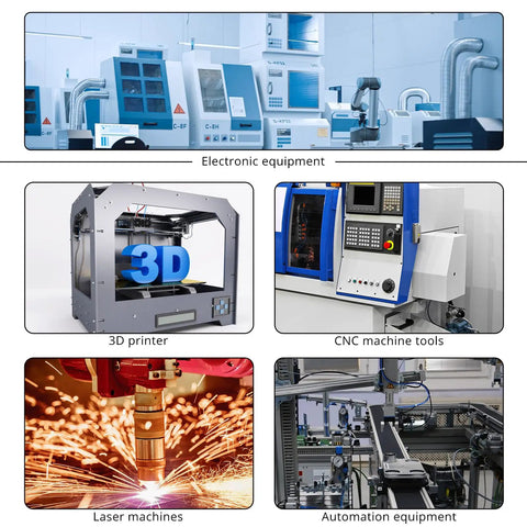 Image showing various electronic equipment, including a 3D printer, CNC machine tools, laser machines, and automation equipment.