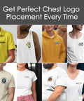 Various shirts with logos demonstrating Left Chest Logo Placement Tool For T Shirts, Vinyl Alignment Ruler For HTV And Embroidery.