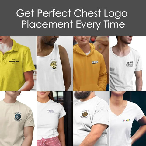 Various shirts with logos demonstrating Left Chest Logo Placement Tool For T Shirts, Vinyl Alignment Ruler For HTV And Embroidery.