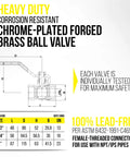 Technical schematic of full port 1/2 in brass ball valve with lead free chrome plated body, corrosion resistant forged brass.