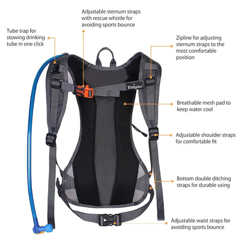 Back view of Hydration Pack Backpack With 70 Oz Water Bladder For Running Hiking Cycling Climbing Camping And Biking in Gray showing straps