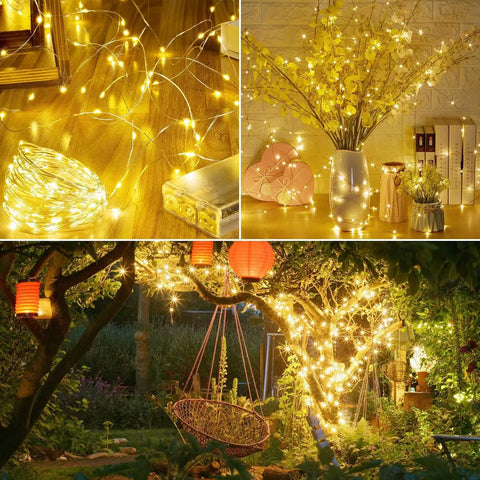 Collage of 4 Pack 80 Ft 240 LED Fairy Lights Battery Powered With Remote And Timer No Fuss 8 Modes Twinkle String Lights